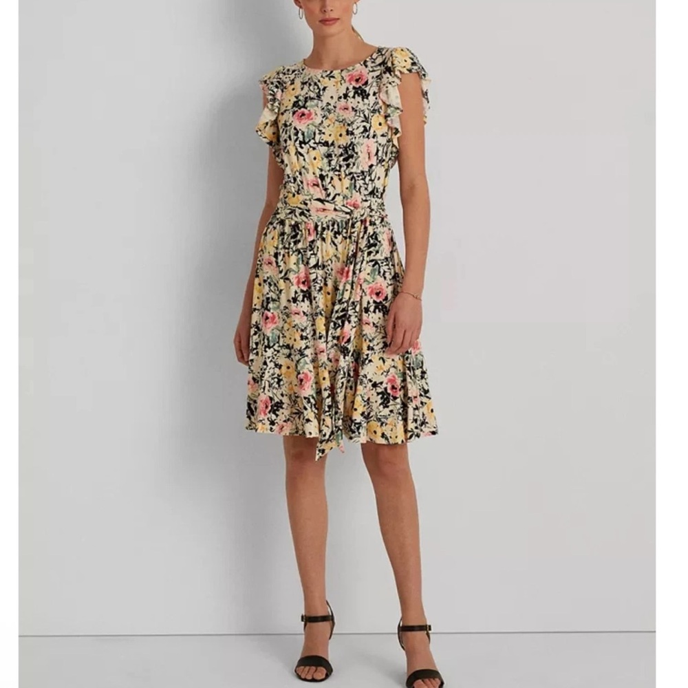 $498 POLO RALPH LAUREN Floral Waist Tie Flutter Sleeve Jersey Dress 4